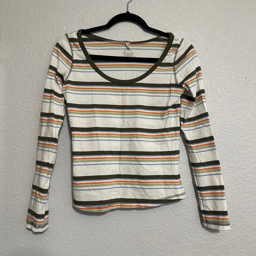 Arizona Jean Co Womens Striped Long Sleeve Scoop Neck Top Olive Orange Blue M